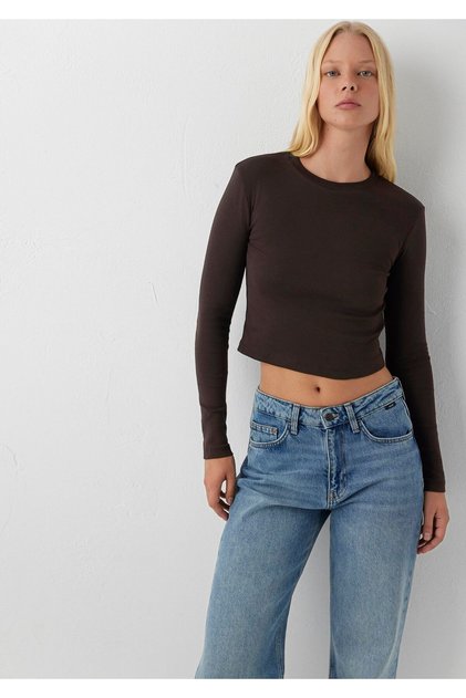 Long Sleeve Brown Crop Basic T-Shirt Crop / Short Cut 1612822-70240