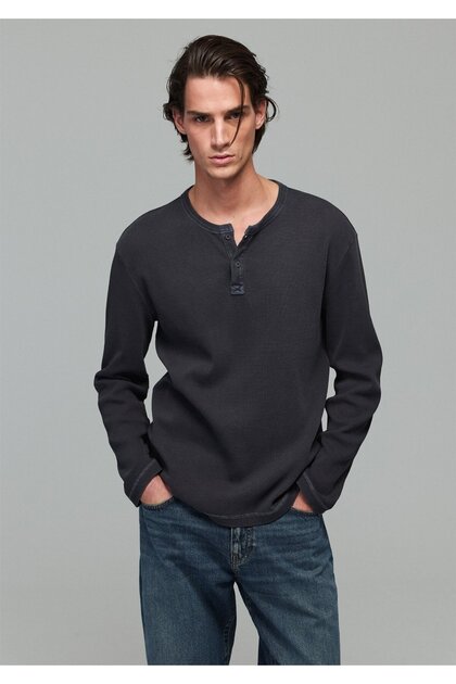 Half Button Long Sleeve Anthracite T-Shirt Slim Fit / Narrow Cut 0620261-82908