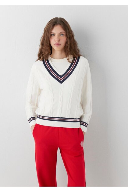 V-Neck Ecru Knitwear Slim Fit 1710983-70057