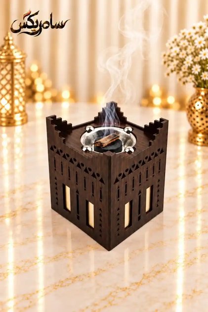 النوماس – مبخرة عود خشبية بتصميم الحصن ووعاء معدني