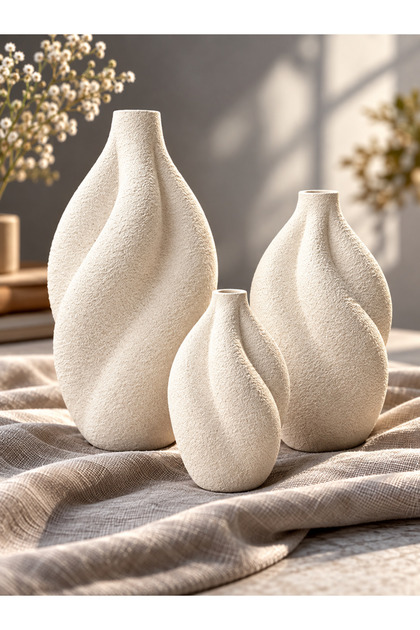 3’lü Modern Dokulu Seramik Gorunumlu Vazo Seti 19-15-10 cm | Minimal Ev Dekorasyon Çiçeklik