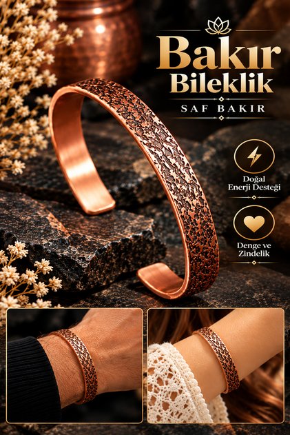 Bakır Saf Unisex Gerçek Ağaç Desenli Çok Kaliteli Bileklik Ayarlanabilir Trend Tasarım
