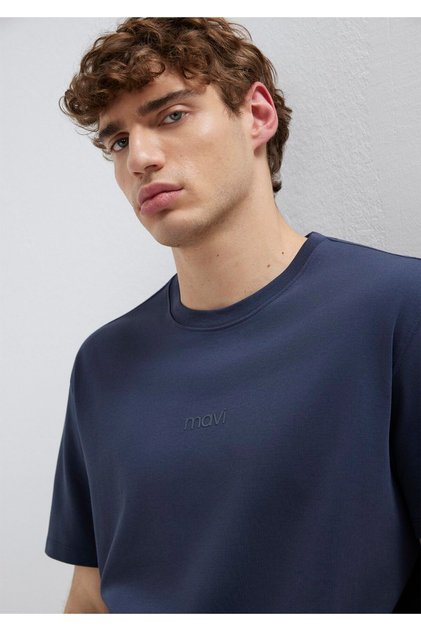 Logo Printed Navy Blue Basic Interlock T-Shirt Loose Fit / Comfortable Loose Cut 0613102-85315