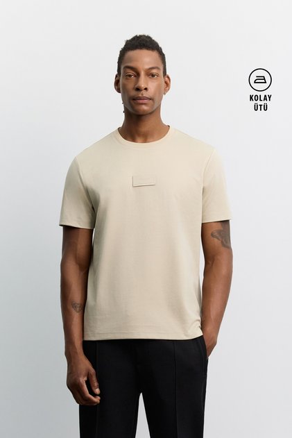 Men's Beige Crew Neck Cotton Easy-Iron Regular Fit T-Shirt A62Y1022