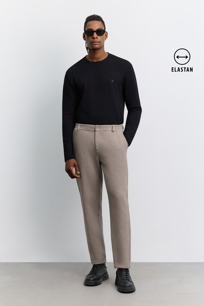 Men's Beige Classic Waist Side Elasticized Armur Patterned Relaxed Fit Trousers A62Y3013