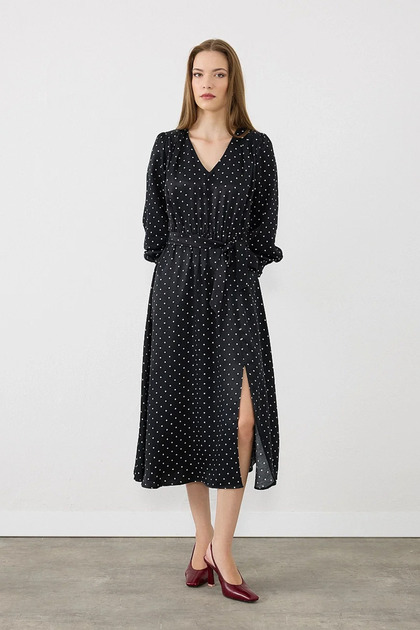 Polka Dot Patterned V-Neck Satin Long Dress - Black