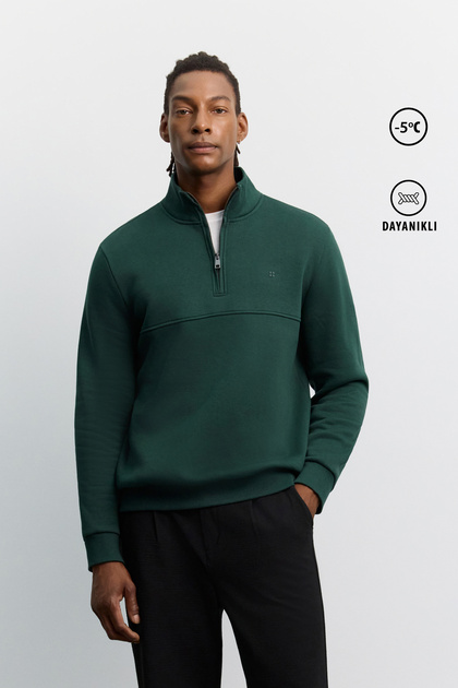 Erkek Koyu Yeşil Dik Yaka Fermuarlı -5 Dereceye Dayanıklı Regular Fit Sweatshirt A62Y1351