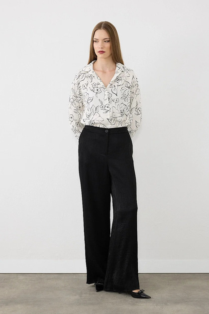 Wide Leg Crinkle Satin Trousers - Black