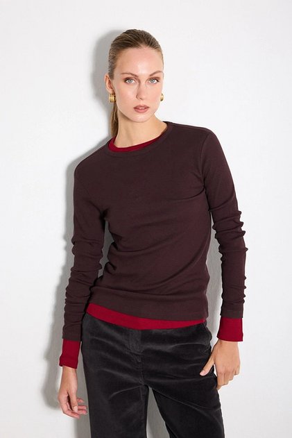 Long Sleeve Cotton Knitted Basic Blouse - Brown