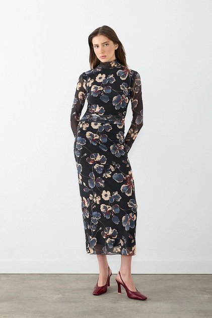 High Neck Patterned Tulle Lycra Maxi Dress - Black