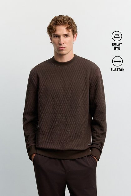 Men's Brown Crew Neck Easy-Iron Jacquard Regular Fit Sweatshirt A62Y1255