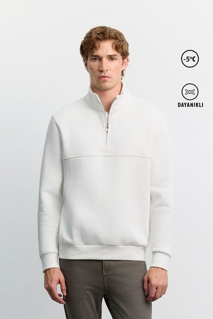 Men's White Stand Collar Zippered 3 Thread Ribbed Sweatshirt A62Y1351