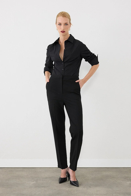 Pipe Leg Fabric Trousers - Black