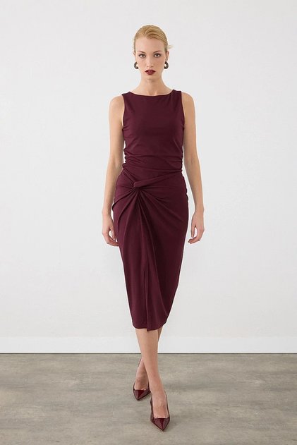 Knot Detailed Lycra Midi Skirt - Burgundy