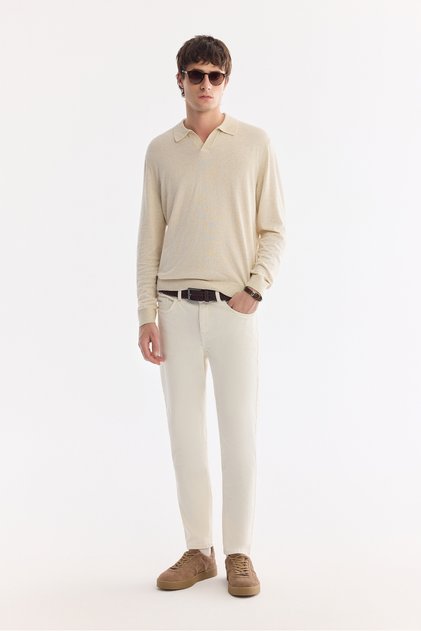 Men's Ecru Plain Washed Cotton Elastane Madrid Comfort Slim Fit Jean Trousers A61Y3508