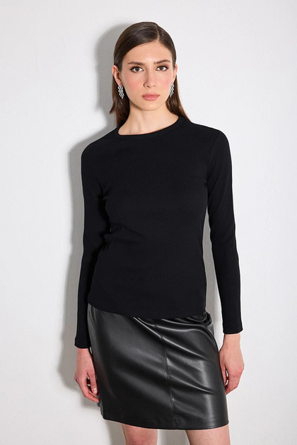 Long Sleeve Cotton Knitted Basic Blouse - Black