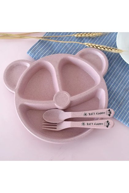 Pink Baby Bowl Spoon Fork Sets Feeding Tableware Cartoon Bear Kids Plates Baby Eating Dinnerware Set