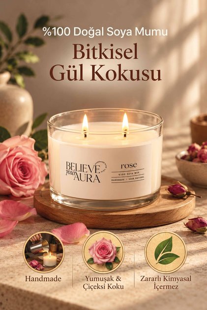 Gül Kokulu Mum - %100 Soya Mumu Aromaterapi ve Dekoratif Kase Mum - 120 cc