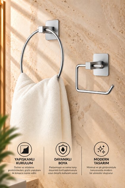Chrome Square Adhesive Ring Towel Holder / Open Toilet Paper Holder 2-Piece Bathroom Set