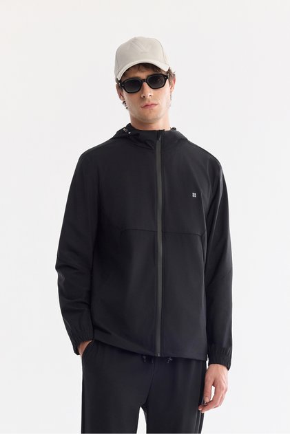 Men's Black Hooded Collar Zippered Technical Fabric Regular Fit Sweatshirt A61Y1226