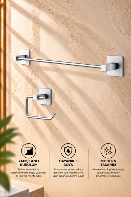 Chrome Square Adhesive Long Towel Holder / Open Toilet Paper Holder Set of 2 Bathroom Organizer