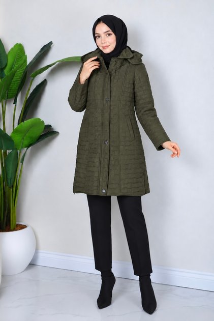 Women's Plush Lined Quilted Coat with Removable Hood and Pockets, Winter Hijab Coat