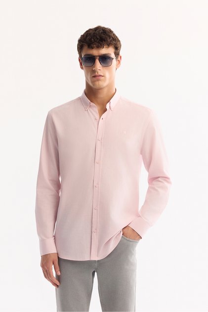 Men's Light Pink Buttoned Collar 100% Cotton Linen Textured Comfort Fit Shirt E002141