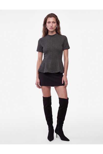 Slim Fit Textured Stand Collar Short Sleeve Peplum Blouse