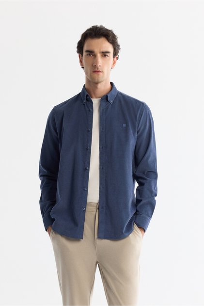 Men's Indigo Button down Collar 100% Cotton Soft Touch Velvet Regular Fit Shirt B002032
