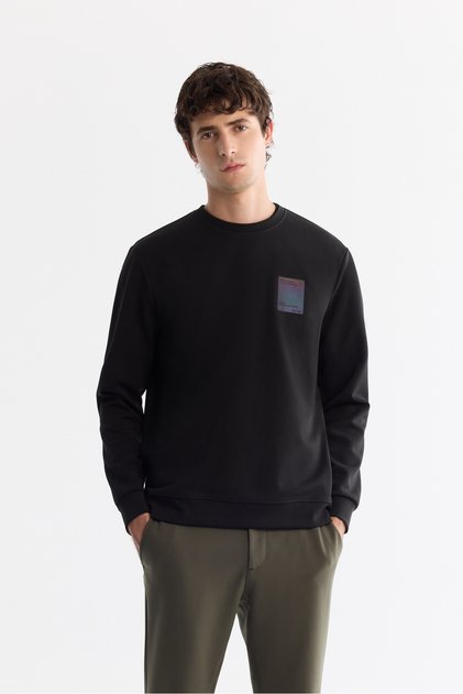Men's Black Crew Neck Cotton Printed Elastane Regular Fit Sweatshirt A42Y1286