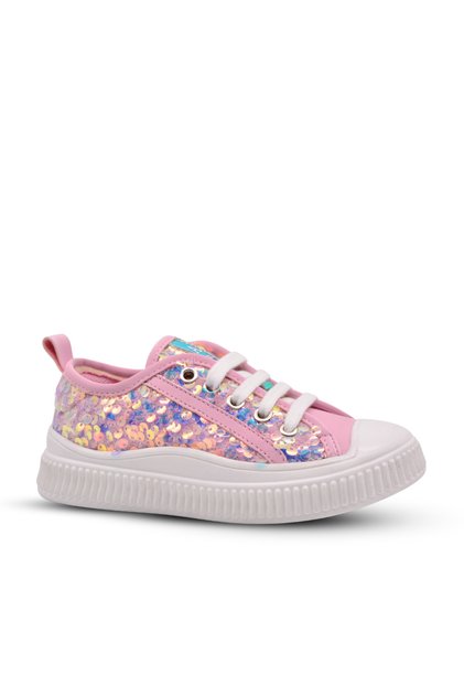 Sweet Girl's Sequined and Laced Pink Color Sneaker