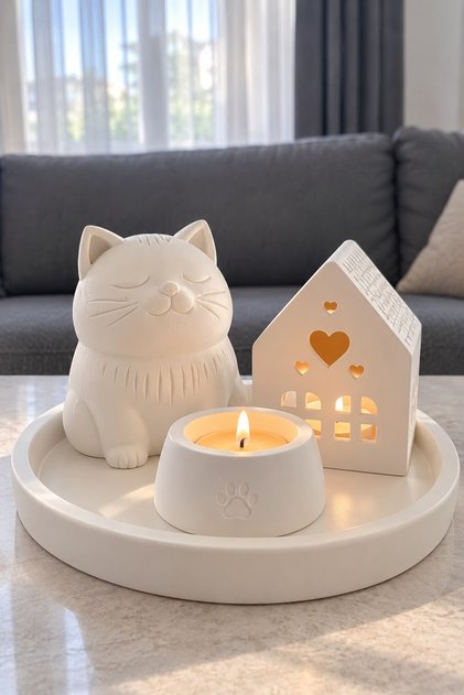Kedi Figürlü Mum Seti 4 Parça Dekoratif Mumluk ve Kalpli Ev Tasarımlı Dekoratif Set