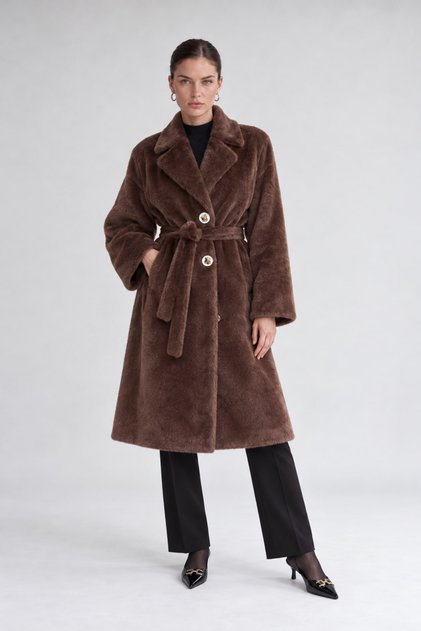 Belted Detailed Fur Coat, Brown