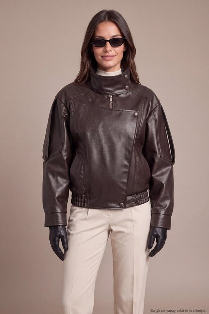 Women's Brown Oversize Asymmetrical Zippered Faux Leather Jacket with Snap Detail
