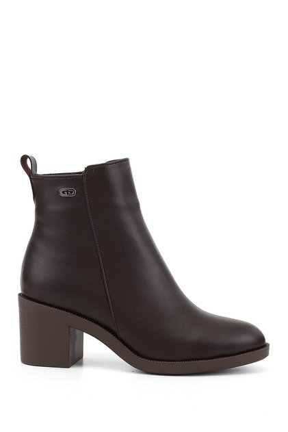 Women's Brown Zippered Thick Heeled Boots