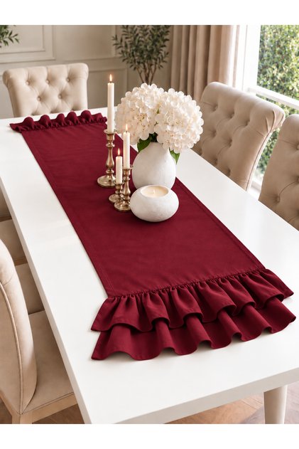 İnci Vintage Seamless Double Layer Ruffled Burgundy Runner