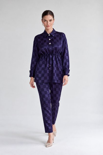 Jacquard Pattern Blazer and Pants Set, Navy Blue