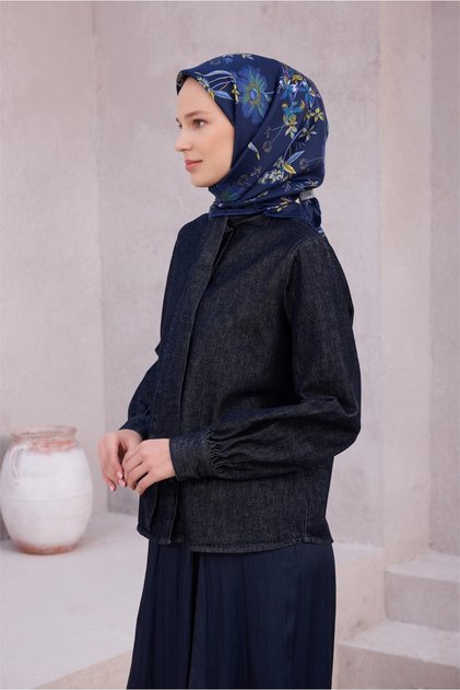 وشاح حريري - 4210-53، لون أزرق داكن، قماش تويل.
