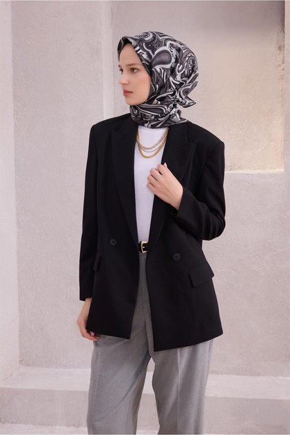 Siyah Etnik Desen %100 Twill İpek Eşarp 4222 - 58
