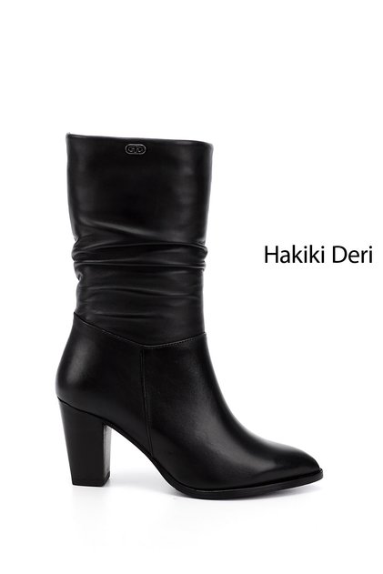 Women's Black Pointed Toe Gusseted Thick Heeled Genuine Leather Boots
