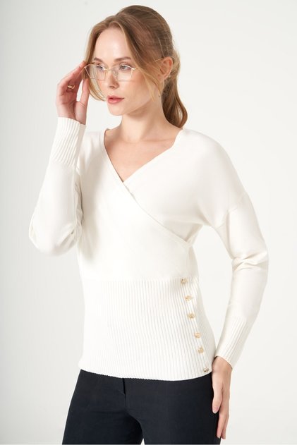 Women's Button Detail Double Breasted Sweater Ecru 25298
