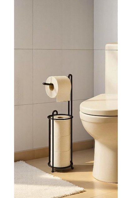 Ayaklı Siyah Tuvalet Kağıtlığı Peçetelik Tutacağı, WC Kağıtlık Askısı Standı, 3 Yedekli Askılığı