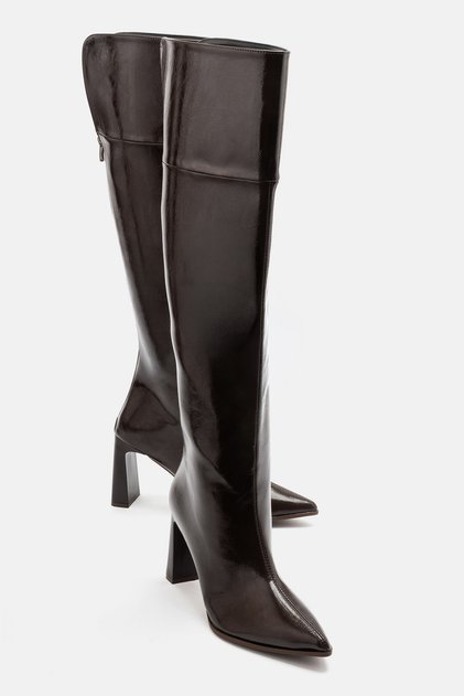 Women's Over-The-Knee Brown Shiny Patent Leather Pointed Toe Zippered Stylish Boots
