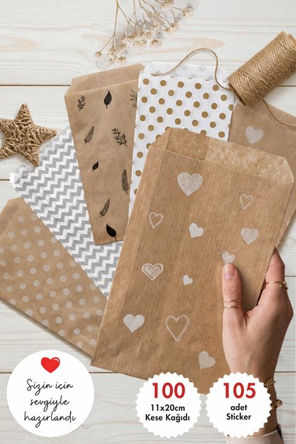 100lü Karışık Hediye Paketi Seti - 20şer adet, 5 çeşit 11x20 cm Kese Kağıdı + 105 adet Sticker