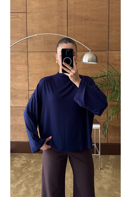 High Collar Oversize Flowy Long Sleeve Navy Blue Blouse