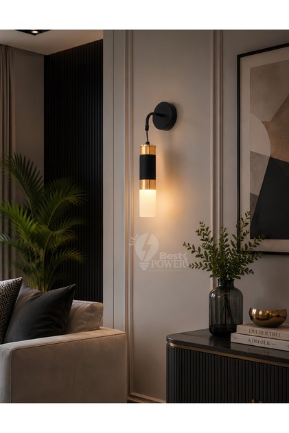 ابليك جداري مودرن فاخر LED أسود وذهبي وأنبوب ضوئي أنيق بقوة 5 وات و3 ألوان - إضاءة جدارية عصرية لغرف النوم والممرات (موديل 6918)