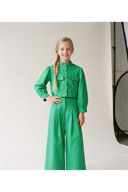 Girl's Judge Collar Balloon Sleeve Lined Crop Jacket Puff Detailed Harem Pants 2 Piece Set