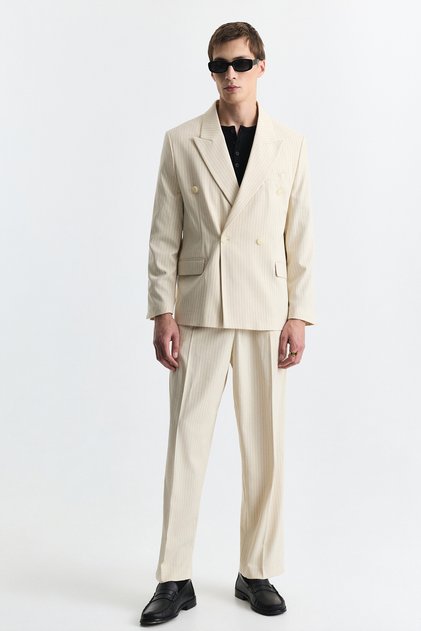 Beige Relaxed Fit Striped Men's Suit