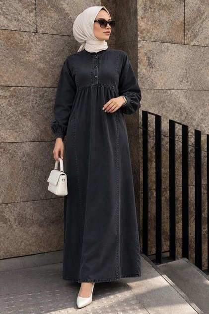 Buttoned Denim Anthracite Hijab Dress 19139Ant