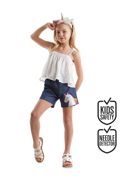 Colorful Tasseled Unicorn Girls' Summer Blouse Denim Shorts Set